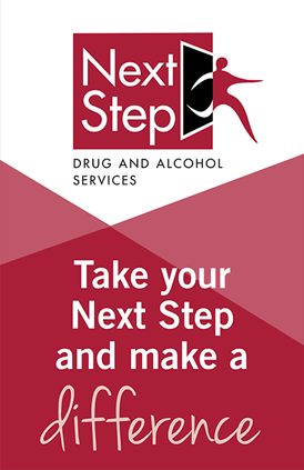 Text graphic reads: Take your Next Step and make a difference. Includes Next Step drug and alcohol services logo.