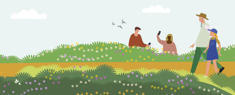 Mental Health and Alcohol and Other Drugs Strategy 2026-2031 graphic of people in nature.